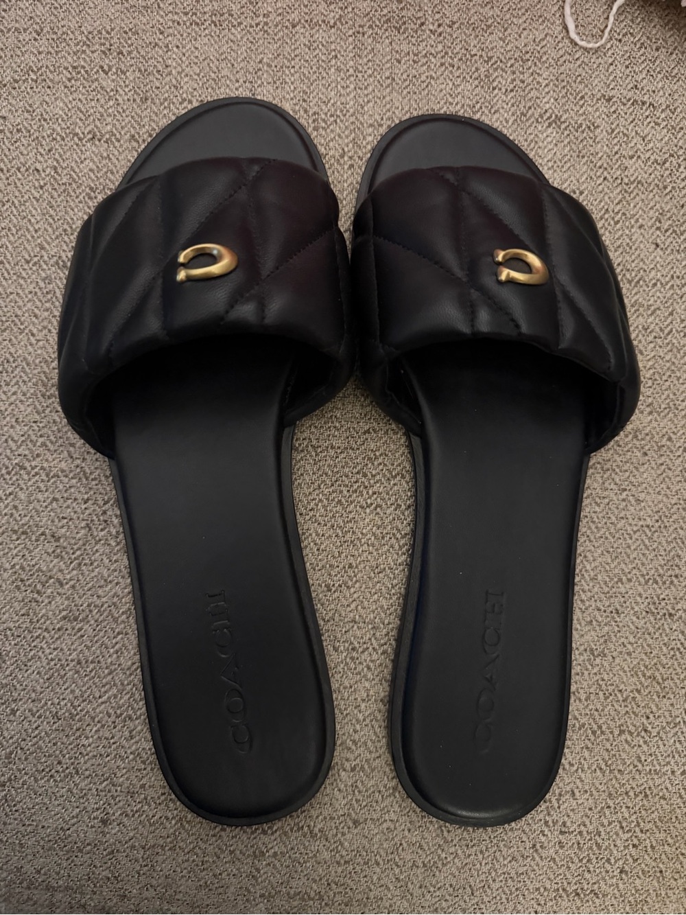 Coach Black Quilted Slide Mules with Gold Accent